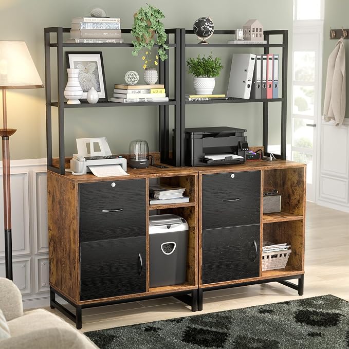 Vertical Filing Cabinet with Bookshelf, Rustic Brown | File Cabinet with Shelves, Lock & Charging Station, Drawer Office File Cabinets with Printer Stand, fits Letter Size