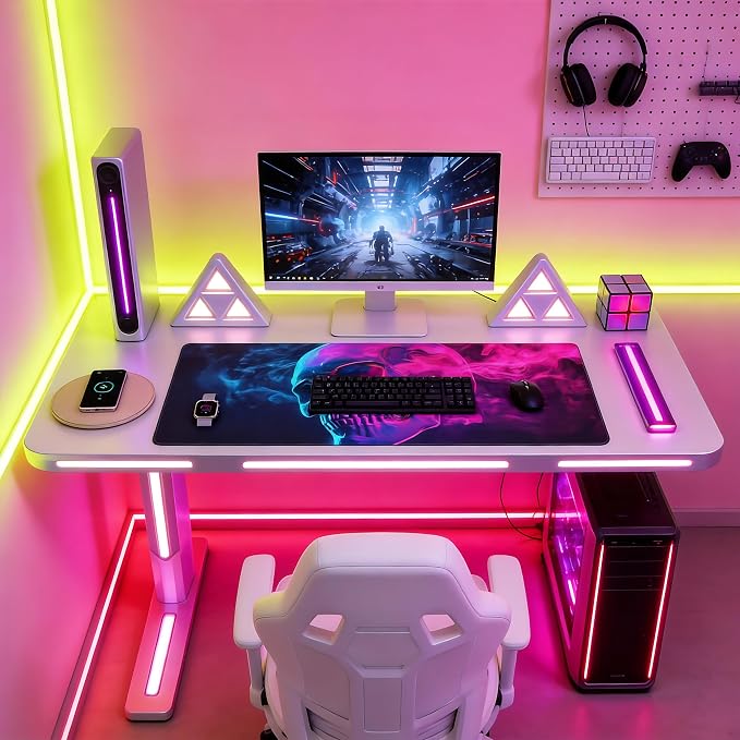 Aesthetic Skull Gaming Mouse Pad, Blue Pink Cyber Desk Mat with Anti-Slip Base & Stitched Edges,35.4" x 15.7" in Table Mat for Computer Desktop, Beautiful Workstation Decor