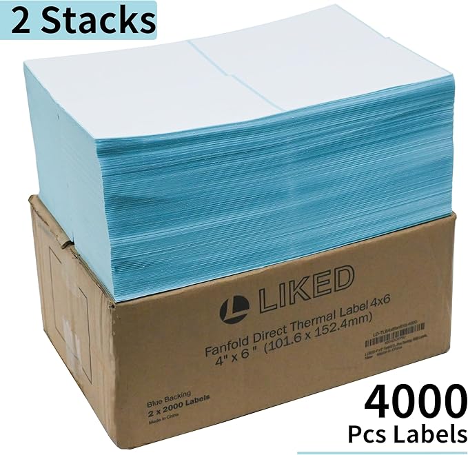 L LIKED 4000 Fanfold 4 x 6 Thermal Labels, with Perforated Line Shipping Labels, Permanent Adhesive, Compatible with Zebra & Rollo Printer, Commercial Grade