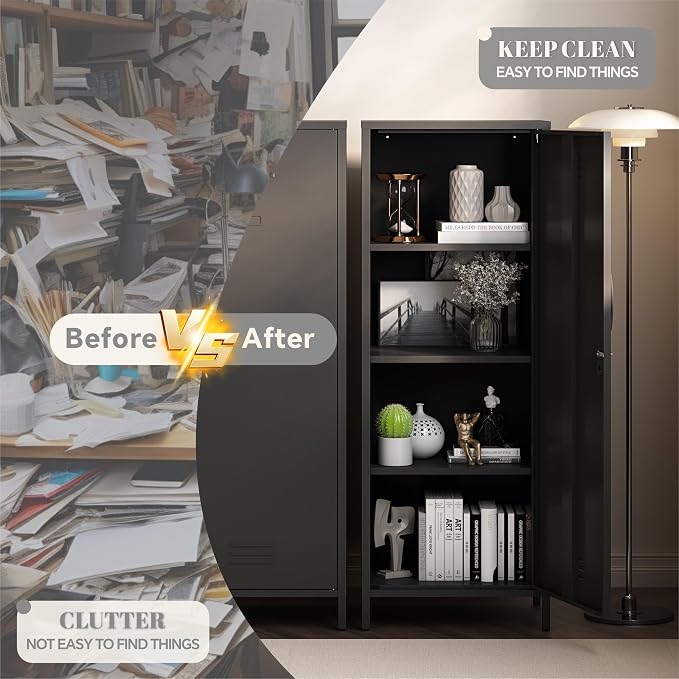 Metal Locker Storage Cabinet with Adjustable Shelves, 59" H Black Locking Tool File Cabinets Kids Snack Locker Organizer for School Classroom,Gym Home Office,Entryway and Hallway