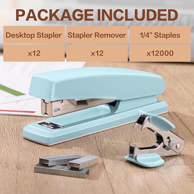 Deli Stapler, 12 Pack Staplers, 2000 Staples and 12 Staple Removers, Blue | Staplers for Desk, 25 Sheet Capacity