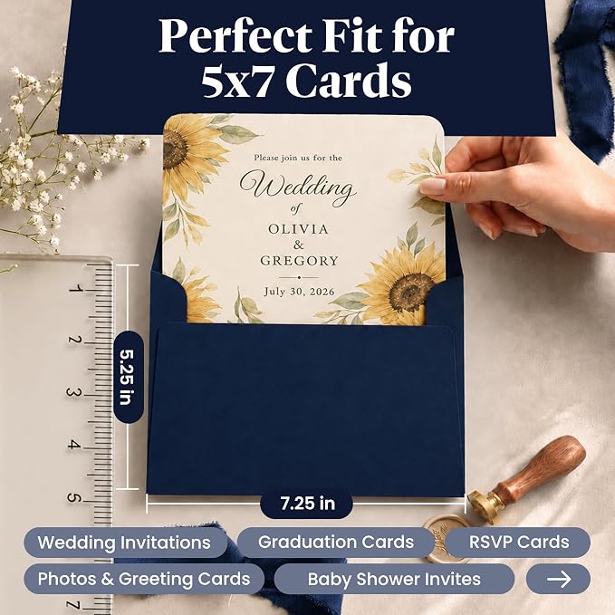 110 5x7 Navy Blue Invitation Envelopes - for 5x7 Cards - A7 - (5 ¼ x 7 ¼ inches) - Perfect for Weddings, Graduation, Baby Shower - 120 GSM - Peel, Press & Self Seal - Square Flap