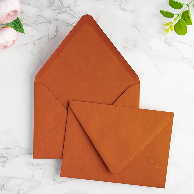 PONATIA 50 PCS/Pack A7 Envelopes, Euro Flap 5x7 Envelopes for Wedding Invitations, Greeting Cards, Acrylic Invitations, Photos, Postcards, Christmas Mailing 5.25 x 7.25 inches (Burnt Orange)