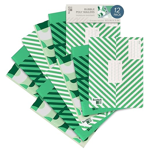Scotch Poly Bubble Mailers, Assorted Green Designs, Size 2 Small, 8.5 in x 11 in, 12 Mailers