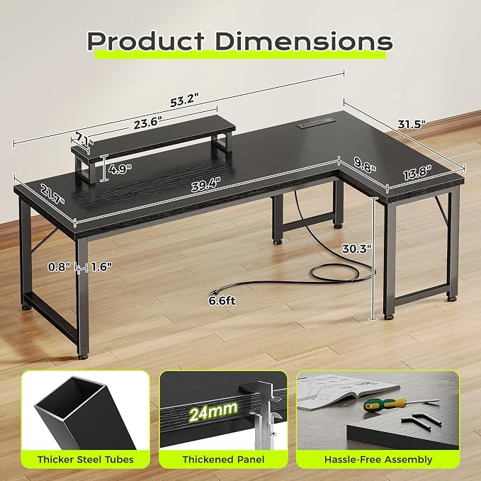 53" L Shaped Computer Desk, Power Outlets, Monitor Stand, Black | USB-C Ports, Reversible Charging Station, Spacious Desktop & Legroom, 0.94 Inch Thick Desktop, for Gaming, Study & Work