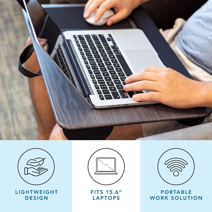 LAPGEAR Home Office Pro Lap Desk - Gray Woodgrain, Fits 15.6” Laptops | Built-In Mouse Pad & Phone Slot, Wide Cushioned Wrist Rest, Dual-Bolster Microbead Cushion, Carry Handle