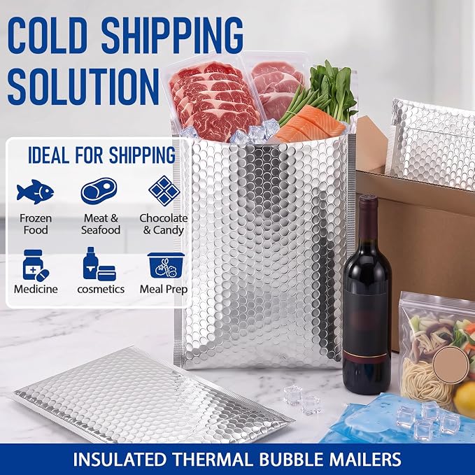 30 Pack 11 x 15 Inch Insulated Bubble Mailers, Silver | Self Adhesive Closure, Foil Lined Interior, Padded Cushioning, Waterproof, Cold Delivery Packing, for Food and Cosmetics