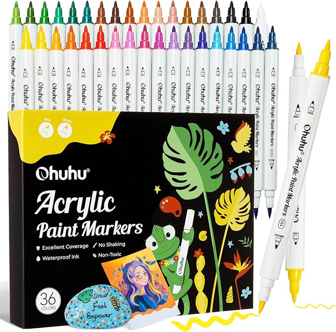 Ohuhu Acrylic Paint Markers Dual Tips: 36 Colors Brush & Fine Paint Pens High Opacity Acrylic Markers Waterproof Lightfast for Rock Painting 3D Prints Egg Wood Glass Ceramic DIY Crafts - Akaka