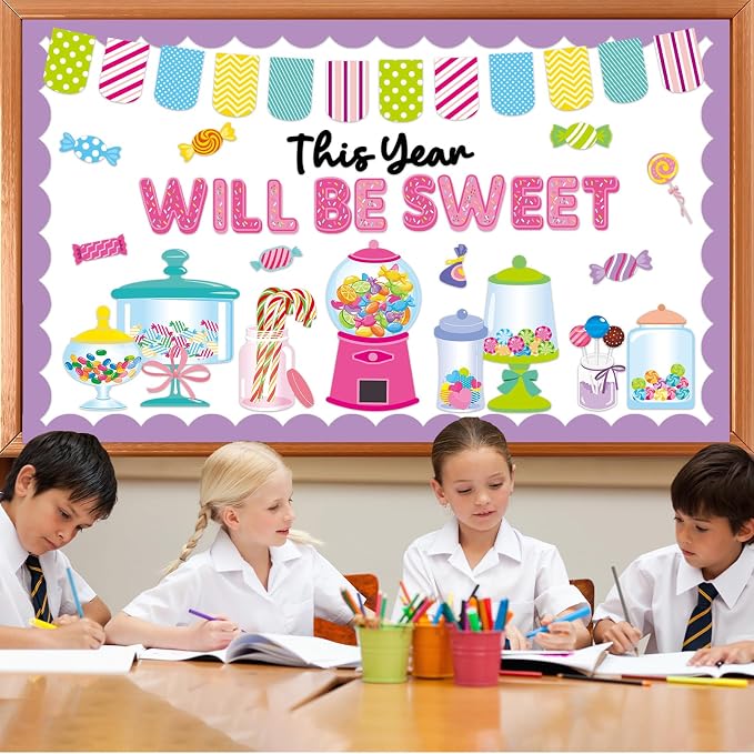 Candy Bulletin Board Set Sweet Theme Classroom Bulletin Board Decorations Pink Gumball Machine Cutouts Classroom Decorations for Back to School Office Home Chalkboard Decor Wall Door