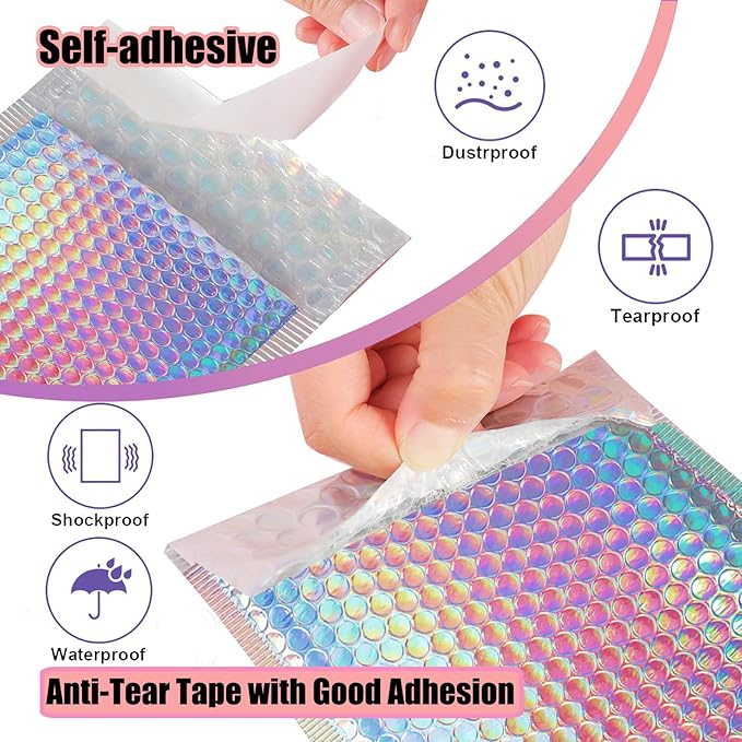 25 PCS Holographic Bubble Mailers,8.5x12 Inch Poly Padded Envelopes,Metallic Bubble Mailers,Waterproof Shipping Bags,Self Sealing Cushion Envelopes for Mailing Packaging Small Business