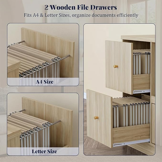 DNYN 3 Drawers Wood File Cabinet with Charging Station and Printer Stand | Vintage Fluted Lateral Filing Cabinet| For Home Office| Anti-Tipping| Fits for A4/Letter-Size Files| Pull-out Shelf