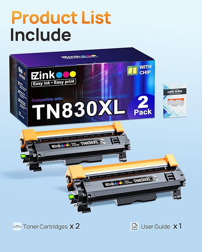 E-Z Ink Compatible TN830XL Toner Cartridge Replacement for Brother TN830XL TN830 TN 830 Toner Cartridges Compatible with Brother DCP-L2640DW HL-L2460DW HL-L2480DW HL-L2400D Printer (2 TN830XL Toner)