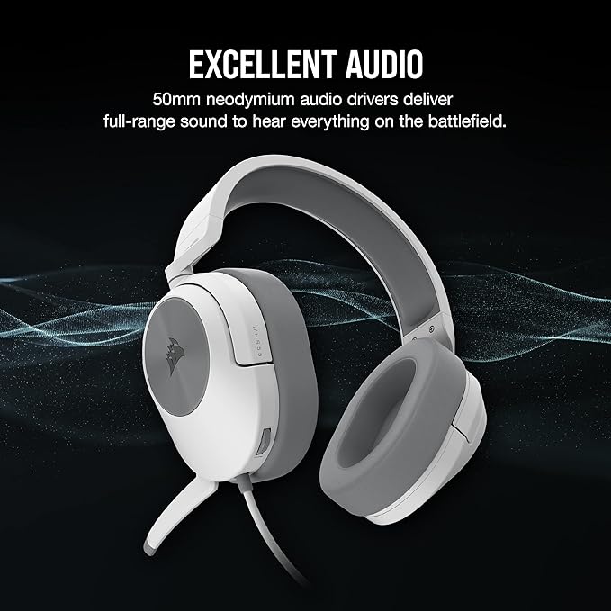 Corsair HS55 Stereo Gaming Headset (Leatherette Memory Foam Ear Pads, Lightweight, Omni-Directional Microphone, PC, Mac, PS5/PS4, Xbox Series X | S, Nintendo Switch, Mobile Compatibility) White