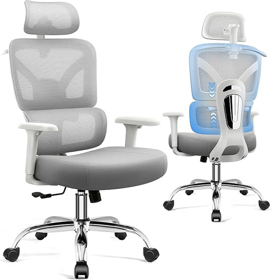 Ergonomic Office Desk Chair, High Back Mesh Office Chair with Adjustable Lumbar Support, 3D Headrest, Big and Tall Home Computer Desk Chairs Comfy for Work, Gaming, 300lbs, Gray