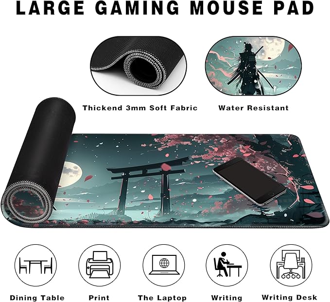 Long Gaming Mouse Pad Extended Anime Large Desk Pad with Non-Slip Base Full Keyboard Mat with Stitched Edges for Gaming and Office 31.5 x 11.8 inches (Samurai)