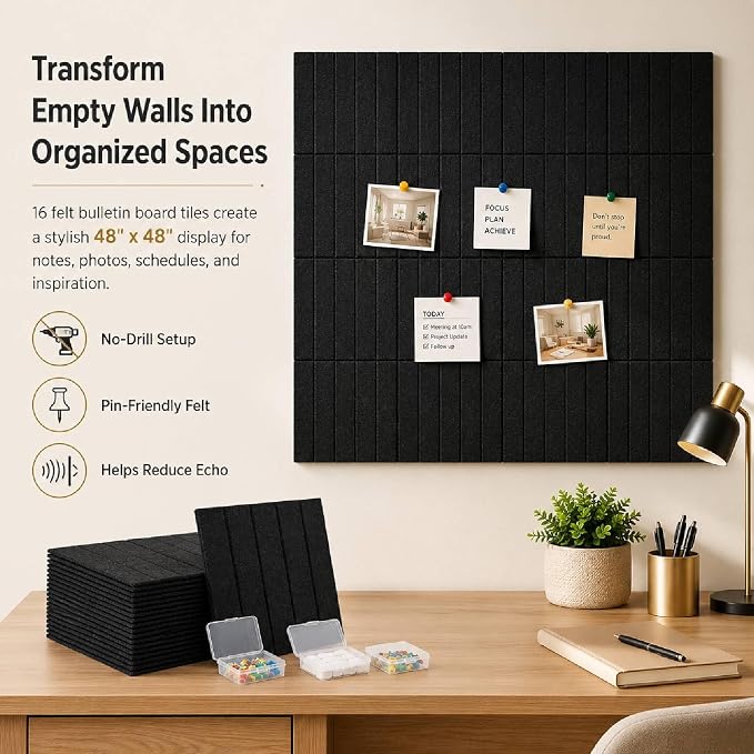48"x48" Large Felt Bulletin Board Tiles for Wall, 16 Pack, Black | with Pushpins & Adhesive Tabs, No-Drill Installation, for Home or Office Wall Decoration and Protection, Freely DIY Projects