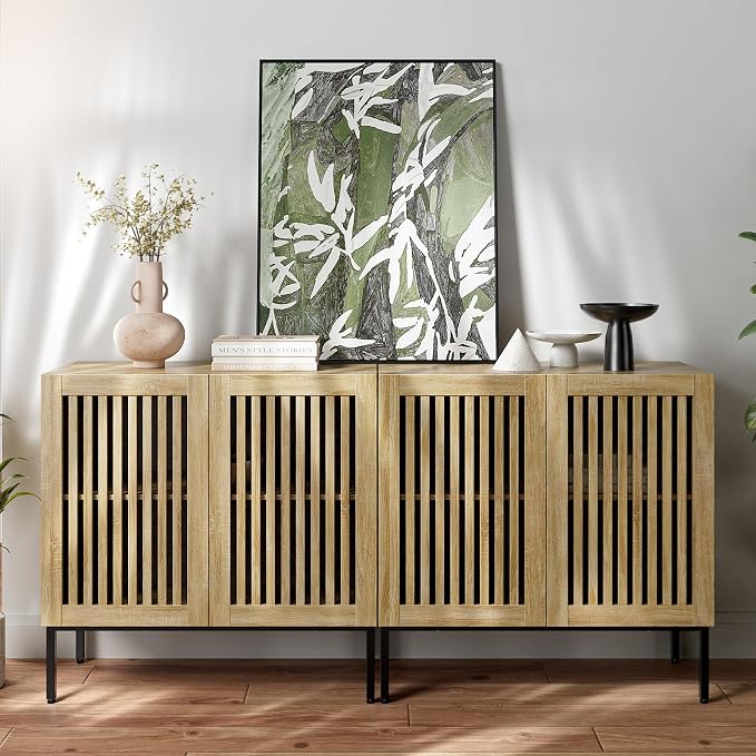 BVIUNTWO Buffet Cabinet with Storage,Set of 2 Farmhouse Console Table with Metal Base and Adjustable Shelf,Sideboard Coffee Bar Cabinet with 4 Doors for Kitchen,Dining Room,Living Room,Oak