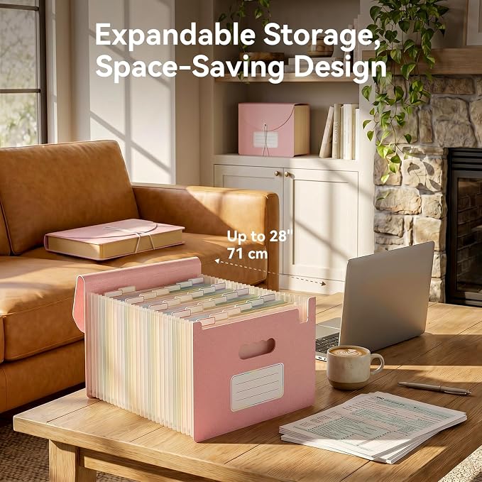 ThinkTex Accordion File Organizer, 26 Pockets File Folders, Soft Dusty Pink | Monthly Bill Receipt Documents Organizer, A-Z Colorful Tabs, Letter/A4 Size for Classroom Office Organization Home Hospital