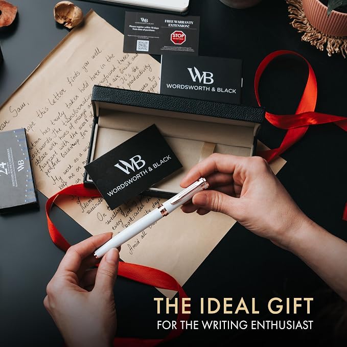 Wordsworth & Black Fountain Pen Set for Writing,Medium Nib, White Rose Gold | Gift for Men & Women, Brass Body, 18K German Iridium, Calligraphy, Converter + 24 Ink Cartridges, Refillable, Leak-Free