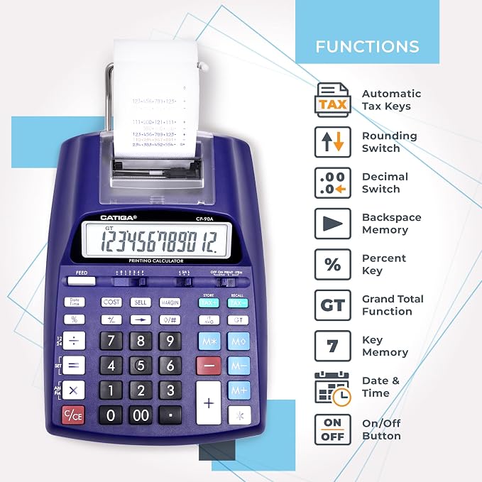 CATIGA Printing Calculator with Tape Print Out - 10 Key Adding Machine with Paper Roll, Desktop Electric Calculator for Accounting, Business, Finance, Home Office Use CP90A
