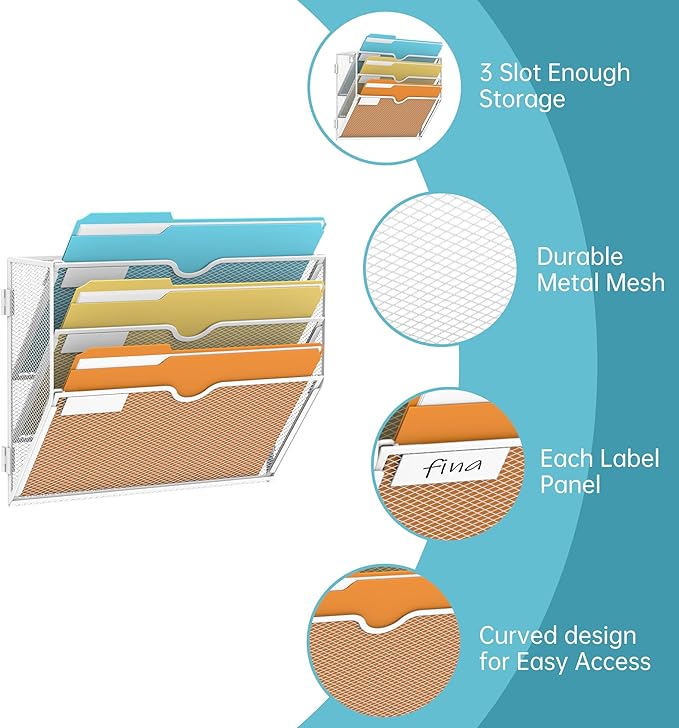 SUPEASY 3-Tier Wall File Organizer Mesh Office Mail Holder, Hanging Wall Organizer Magazine Rack for Office White