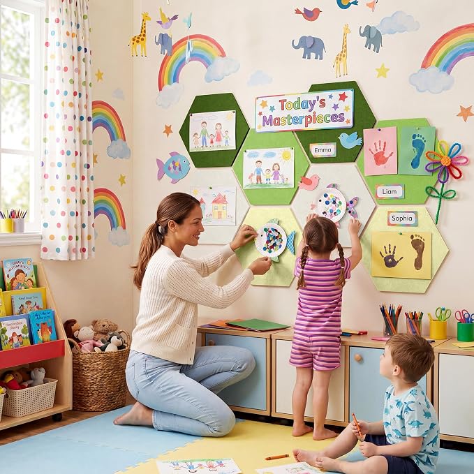 8-Pack Hexagon Felt Bulletin Board Tiles, Cork Board Alternative | For students and teachers creating vision boards in homes, offices, dorms or classrooms; includes 30 push pins.