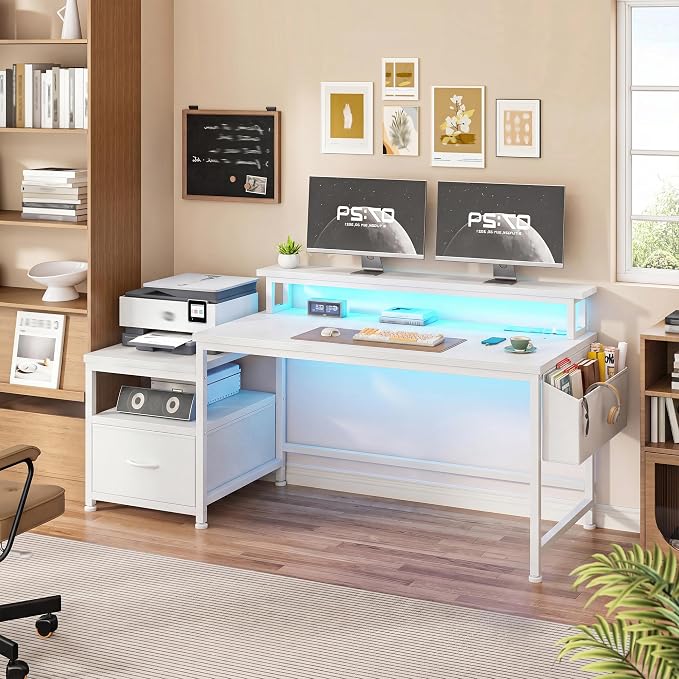 EnHomee 56.5" Office Desk with Drawers & Printer Space for Home Work,White | Computer Desk with 3 AC Outlets& 2 USB Ports,Waterproof LED Strip Lights,Monitor Stand & Side Pockets,Home Office,Bedroom