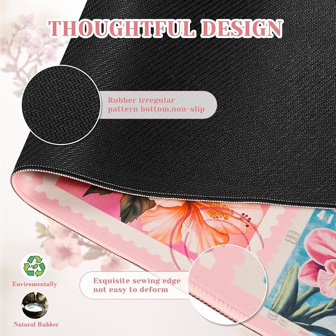iCasso Floral Desk Pad Mat, XXL Large Mouse Pad, Pastel Pink | Anti-Slip Retro Mousepad with Stitched Edges, Computer Keyboard Mat for Desktop Decor, Aesthetic Office Desk Accessories