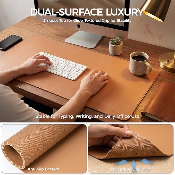 Large Desk Pad Non-Slip Desk Mat Protector for Keyboard Mouse Waterproof Vegan Leather Surface Faux Leather Laptop Mat Smooth Mouse Pad Premium Gift Tube Caramel Brown 47" x 23"
