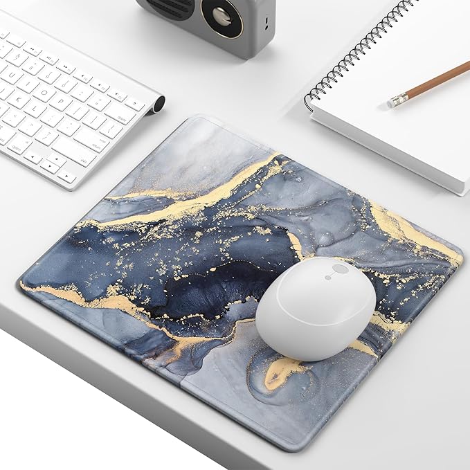 Mouse Pad, Minimalism Marble Style Computer Pad, Anti-Slip Rubber Mouse Mat with Stitched Edges for Gaming, Office, Laptop, PC, Women, 9" x 8" Thick 3 mm, Blue Gray Marble