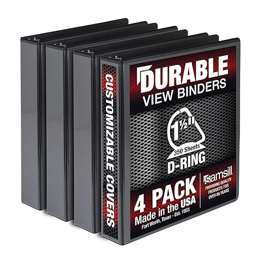 Samsill Durable 1.5 inch 3 Ring Binder, D Ring Binder, 100% Recycled Chipboard, Black, 4 Pack
