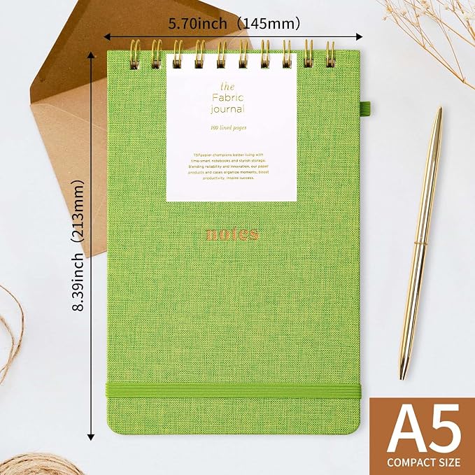 TSFPapier A5 Top Spiral Notebook, Fabric Hardcover College Ruled Journal | 100GSM Paper 160 Lined Pages, 5.7"x8.39" Steno Pads with Elastic Band & Pen Loop, for Work, School Note Taking (Grass Green)