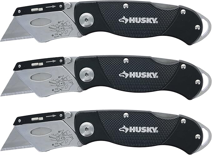 Husky Folding Sure-Grip Lock Back Utility Knives Multi Pack (3 Piece Set: 3 x Husky Knives w/ Blades) (Colors Vary)