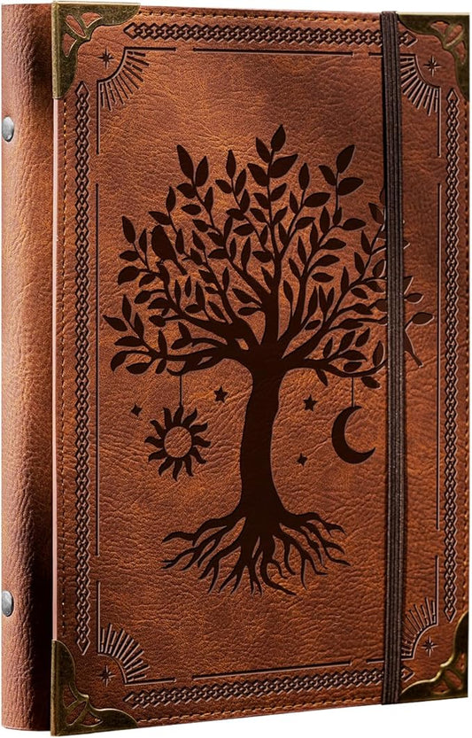 PU Leather A5 Binder 6 Ring Refillable Journal Cover No Refill Paper A5 Planner Binder Loose Leaf Binder for Notebook 5.7”x8.3” with Elastic Closure, Brown Tree