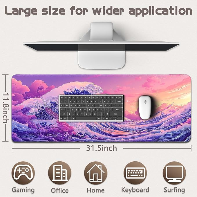 Mouse Pad Gaming - Desk Mat for Keyboard and Mouse - Kanagawa Large Mouse Pad for Desk, Japanese Sea Wave Mousepad (31.5" x 11.8") with Non-Slip Base, Desks Pad Mat for Gaming, Office and Home