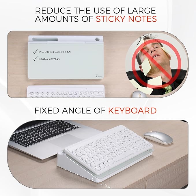 TOWON Compact Glass Desktop Whiteboard with Storage 12x7 in, White | Dry erase writing surface, 5 markers, eraser and holder included, for the office, home or school desk