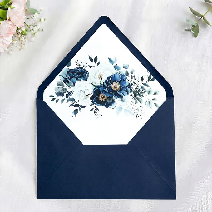 PONATIA 50PCS A7 Euro Flap Envelopes, 5.25 x 7.25'' Liner Envelope For 5x7'' Weddings Invitation Cards, Christmas Gift Cards, Acrylic Invitations, Photos (Navy Blue)