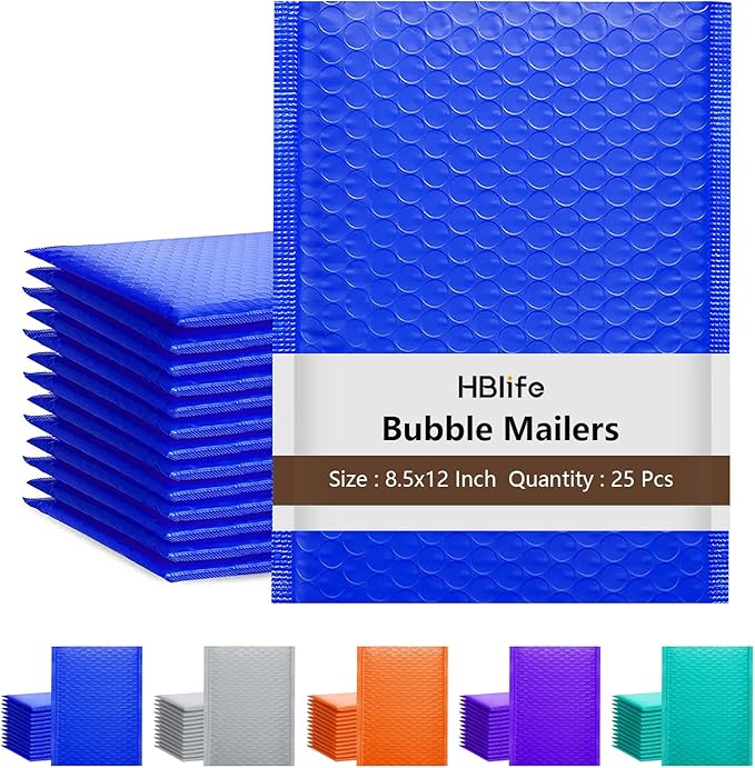 HBlife 25Pcs Bubble Mailers, 8.5x12 Inches Self Seal Blue Poly Mailers, Padded Envelopes Shipping Bags Packaging for Small Business