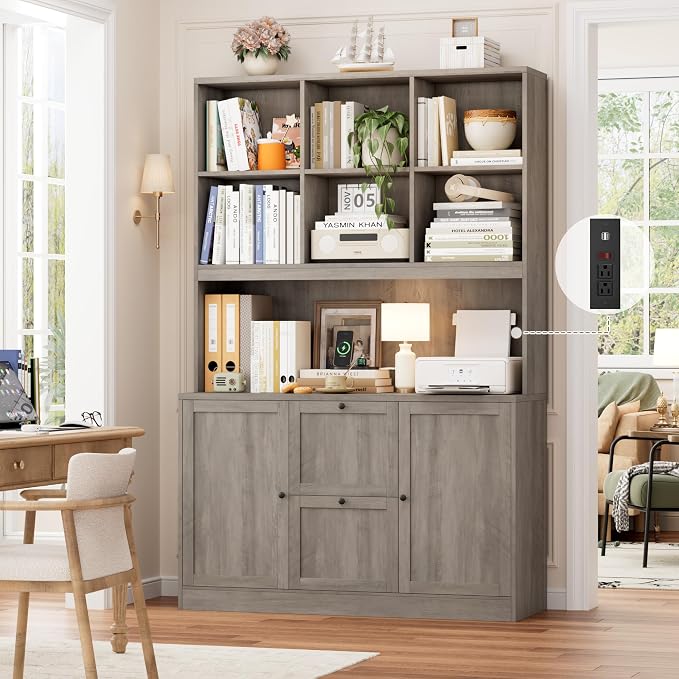72'' Tall File Bookcase with Outlet & Printer Stand, 2 Filing Drawers | Bookshelf with Door & 2 Adjustable Drawers for Letter/A4 Hanging File, Wood File Cabinets For Home Office Storage, Ash Grey