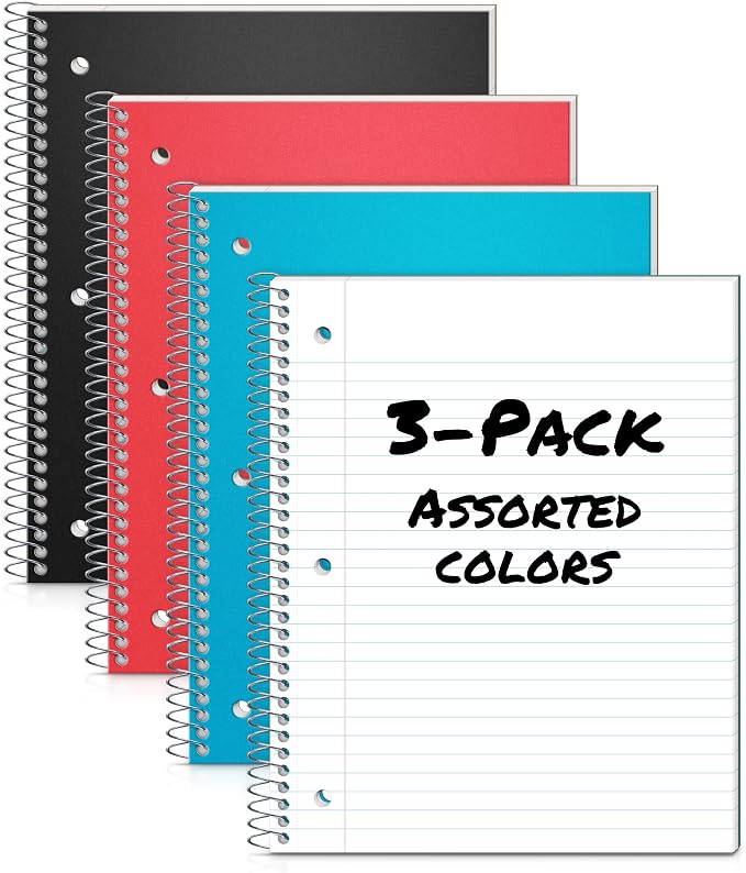 Dunwell 3-Pack Spiral Notebooks 8x10.5, Wide Ruled, Red/Blue/Black | 100 Sheets (200 Pages) Each, Wide Ruled Paper, Divider with Pockets, 3-Hole Punched & Perforated Pages, 3-Pack