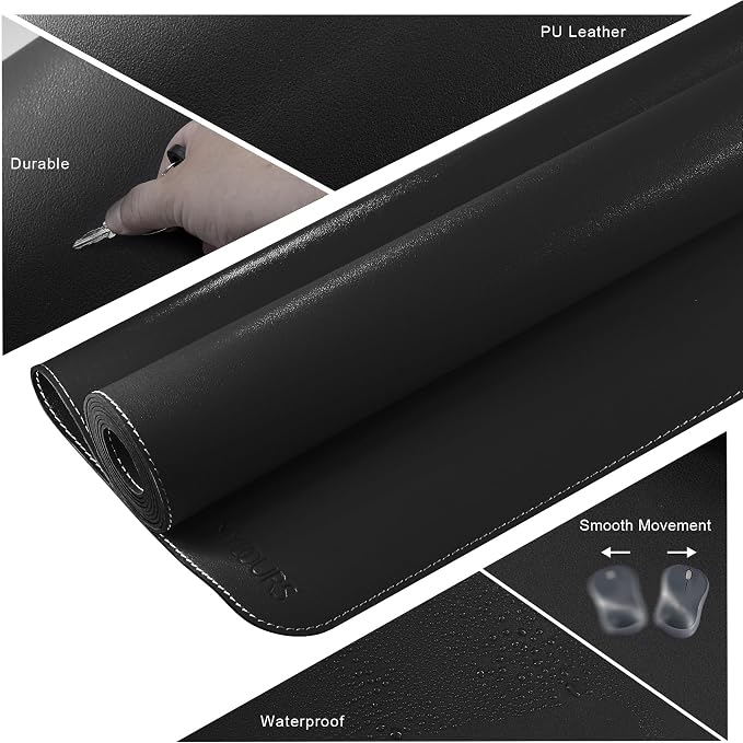 Mydours 36" x 24" XL Large Desk Mat - PU Leather Full Desk Mouse Pad, Black | Extended PU Leather Surfaces Desk Pad for Home Office - Gaming Mouse Pad for Keyboard Laptop Computer