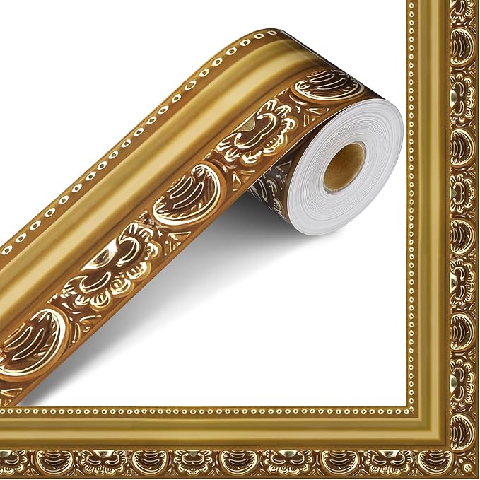 Outus 68FT Gold Frame Bulletin Board Border Die-Cut Straight Border Trim for Classroom Chalkboard, Picture Frames, Artworks, Walls, Mirrors & Office Decor, Classic Metallic Frame Molding(Delicate)
