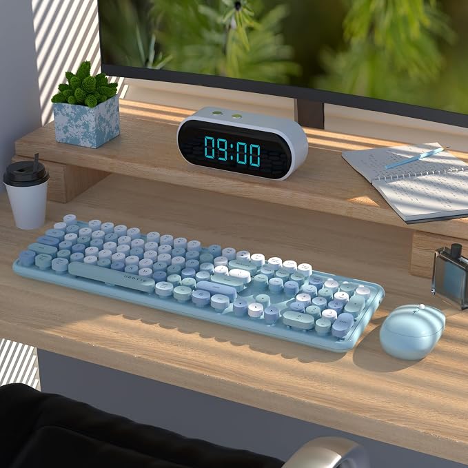UBOTIE Colorful Wireless Keyboard and Mouse Combo (Blue-Colorful) | Retro Typewriter Floating Full-Sized Keys Computer Keyboard with Optical Mouse, 2.4GHz USB Connection for Windows Mac