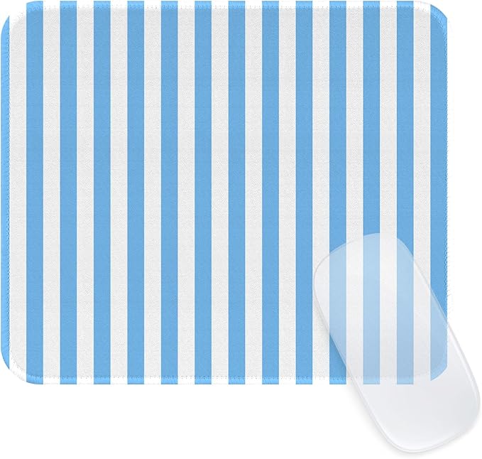 Square Cute Striped Mouse Pad with Stitched Edge, Premium Waterproof Cloth Aesthetic Small Mouse Mat, Non-Slip Rubber Base Simple Funny Mousepad Desk Accessories,Blue and White