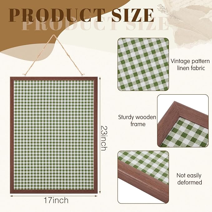 Leinuosen 17 x 23 Cork Board for Walls Decorative Cork Boards Green Gingham Home Decor Small Linen Bulletin Board Framed with Pins for Home Room School Office Decor