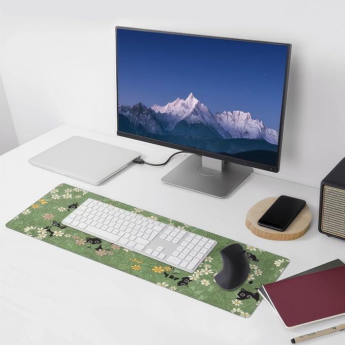Green Wild Grass Flower Desk Mat,Black Cat Large Mouse Pad,31.5x12in | Cute Kitty Extended Gaming Keyboard Mat,XL Kawaii Anime Plant Mousepad with Non-Slip Base and Stitched Edge,80 x 30 cm