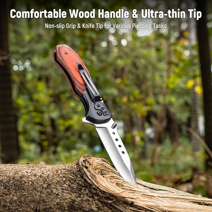 Pocket Knife for Men - Sharp Blade Wood Handle Pocket Folding Knives with Clip, Glass Breaker - EDC Knives for Survival Camping Fishing Hiking Women, Large, Black-Silver