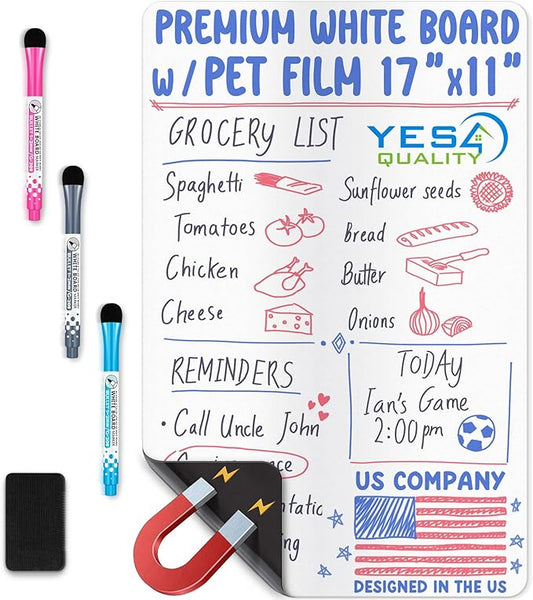 Magnetic Dry Erase White Board Sheet for Fridge - 17x11 - Stain Resistant Technology with 3 Markers & Big Eraser with Magnet - Small Refrigerator Whiteboard Planner Organizer - by Yes4Quality