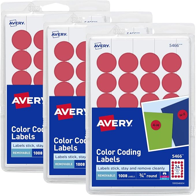 Avery Round Color Coding Labels, Removable Adhesive, Red, 0.75", 3 Pack, 3,024 Labels Total (32136)