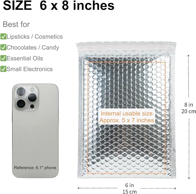 50 Pack 6x8 Inch Insulated Bubble Mailers for Cold Shipping, Silver Foil | Metallic Thermal Padded Shipping Bags with Self-seal Closure, Water-resistant and Protective Bubble Cushioning Envelopes